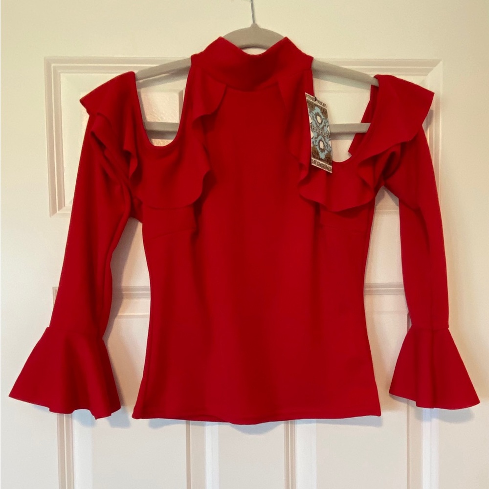 NWT- BooHoo Red Cold Shoulder High Neck Top Size: 6